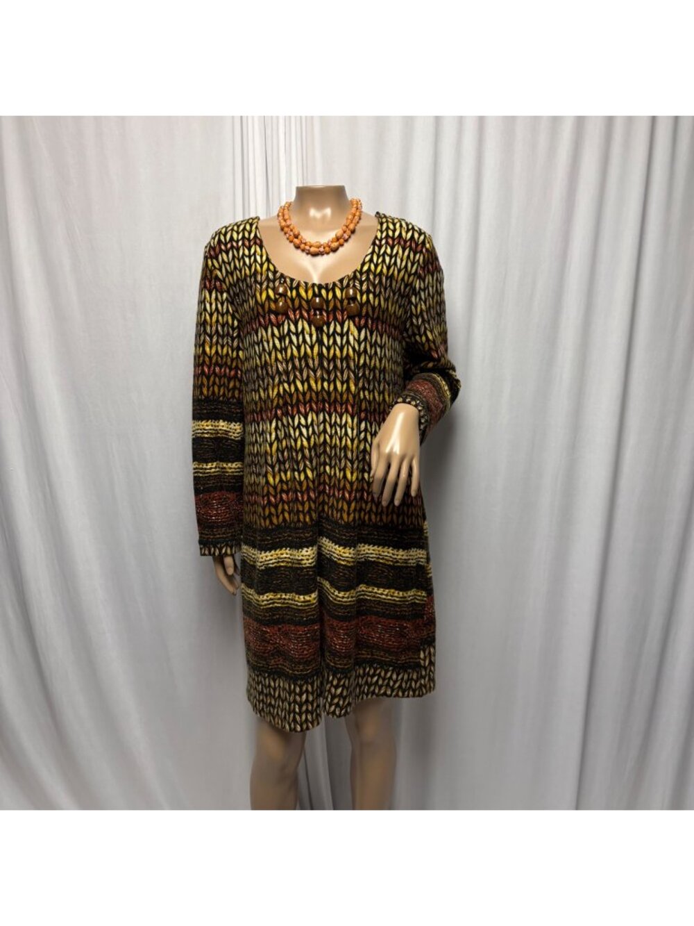 Kataya Knit Dress Womens XL Brown Abstract Print Boho Long Sleeve Fall Casual